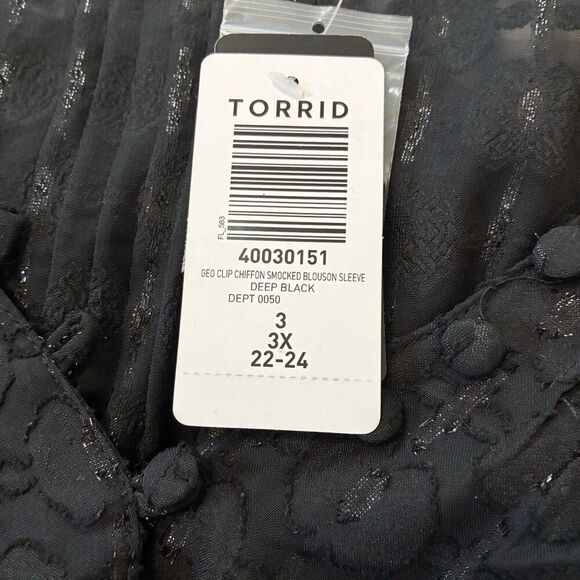 Torrid New Size 3X Black Shimmer Geo Clip Chiffon Smocked‎ Blouson Sleeve Blouse - Picture 12 of 13